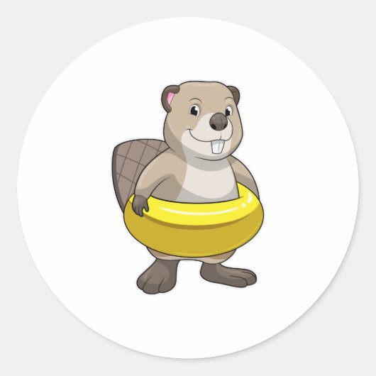 Beaver bij Zwemmen met Zwemring Ronde Sticker (Voorkant)