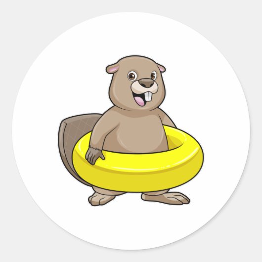 Beaver bij Zwemmen met Zwemring Ronde Sticker (Voorkant)