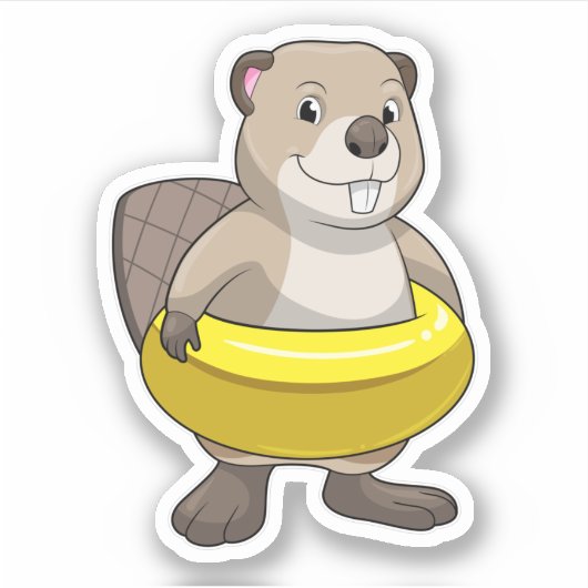 Beaver bij Zwemmen met Zwemring Sticker (Voorkant)
