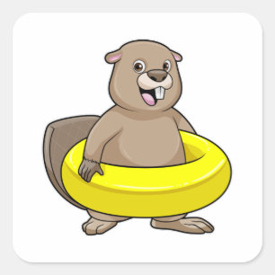 Beaver bij Zwemmen met Zwemring Vierkante Sticker