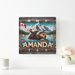 Beaver bouwt lodge in kalme wateren vierkante klok