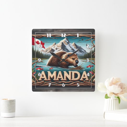 Beaver bouwt lodge in kalme wateren vierkante klok (Huis)