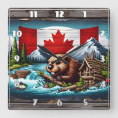 Beaver Building Dam in de buurt van Canadese vlag Vierkante Klok (Voorkant)