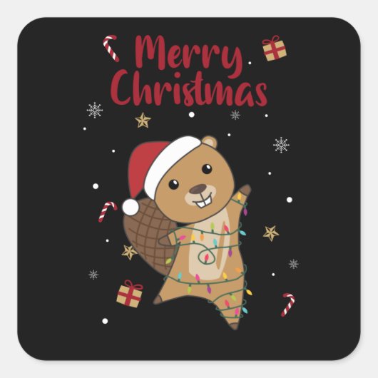 Beaver Cheerful Christmas Winter Animals Beavers Vierkante Sticker (Voorkant)