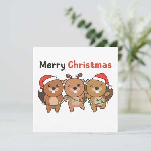 Beaver Christmas Animals Beavers Merry Christmas I Kaart (Staand voorkant)