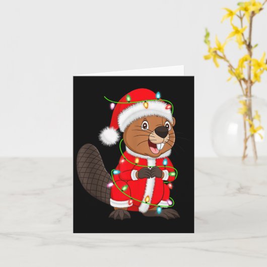 Beaver Christmas Lights Santa Costume Cute Animal  Kaart (Gele Bloem)