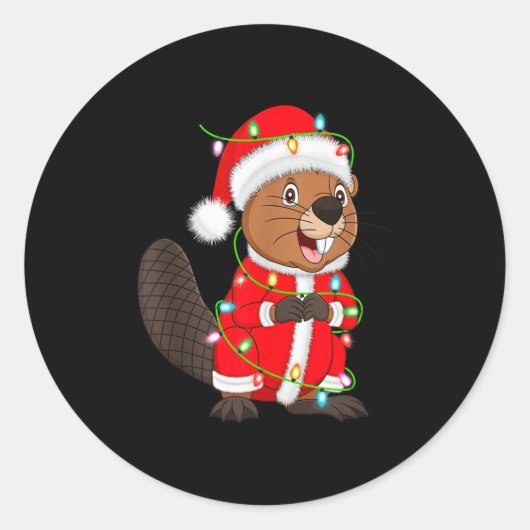 Beaver Christmas Lights Santa Costume Cute Animal  Ronde Sticker (Voorkant)