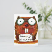 beaver houdt blije verjaardagsbericht cartoon briefkaart (Staand voorkant)