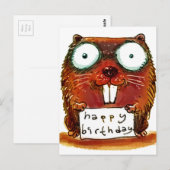 beaver houdt blije verjaardagsbericht cartoon briefkaart (Voorkant / Achterkant)