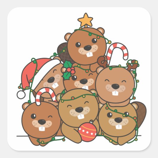 Beaver-kerstboom Funny Animal Kerstmis Squar Vierkante Sticker (Voorkant)