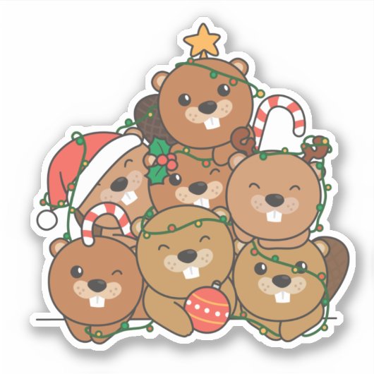 Beaver kerstboom Funny Animal Kerstmis Sticker (Voorkant)