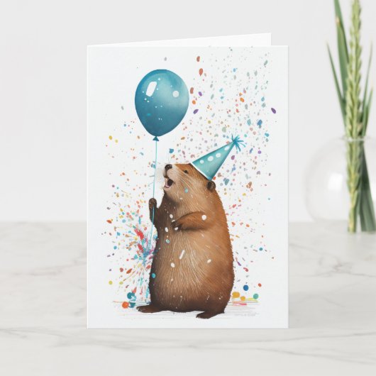 Beaver met blauw ballon gevouwen Wenskaart Bedankkaart (Voorkant)