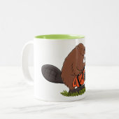 Beaver met de cartoon van kettingzagen illustratie tweekleurige koffiemok (Voorkant links)
