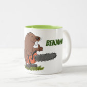Beaver met de cartoon van kettingzagen illustratie tweekleurige koffiemok (Voorkant rechts)