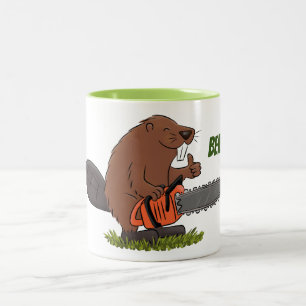 Beaver met de cartoon van kettingzagen illustratie tweekleurige koffiemok