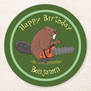 Beaver met geketende grappige illustratie van cart ronde kartonnen onderzetter