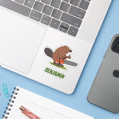 Beaver met geketende grappige illustratie van cart sticker (Laptop met iPhone)