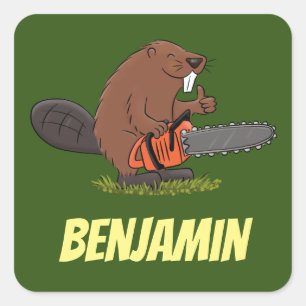 Beaver met geketende grappige illustratie van cart vierkante sticker