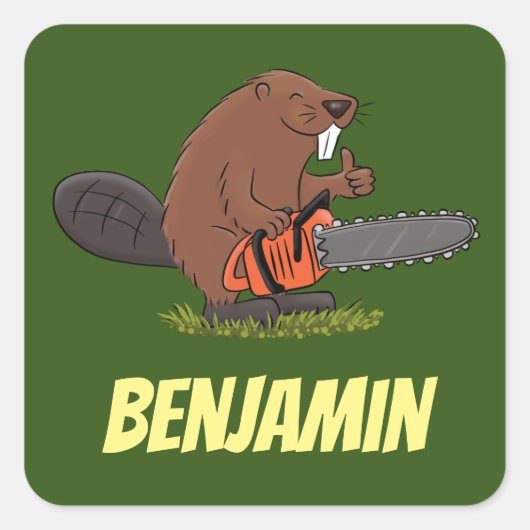 Beaver met geketende grappige illustratie van cart vierkante sticker (Voorkant)