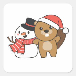 Beaver met Snowman in de winter bij Kerstmis Vierkante Sticker