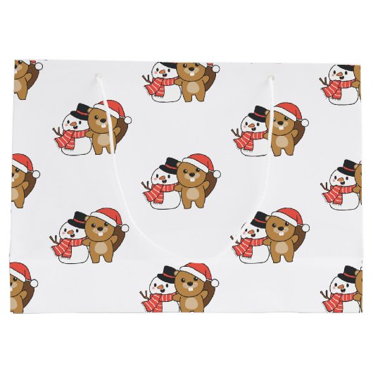 Beaver met Snowman in de winter op kerstmis grote Groot Cadeauzakje (Achterkant)