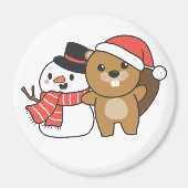 Beaver met Snowman in de winter op kerstnet Magneet (Voorkant)