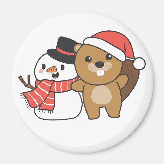 Beaver met Snowman in de winter op kerstnet Magneet (Voorkant)