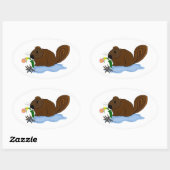 Beaver met teken en bloemen ovale sticker (Vel)