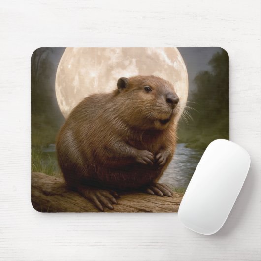 Beaver On a Log With Full Moon Muismat (Met muis)