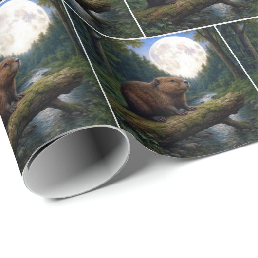 Beaver On a River Log in the Moonlight Cadeaupapier (Rol Hoek)