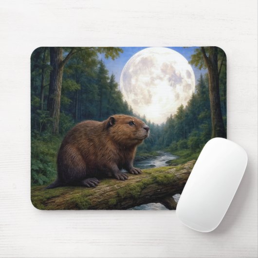Beaver On a River Log in the Moonlight Muismat (Met muis)