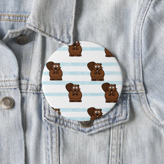 Beaver op blauwe strepen ronde button 4,0 cm (In situ)