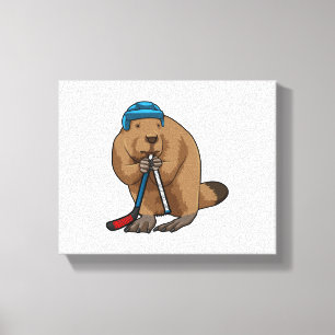 Beaver op ijshockey met ijshockeystick canvas afdruk