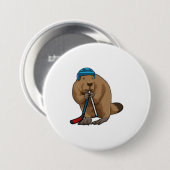 Beaver op ijshockey met ijshockeystick ronde button 7,6 cm (Voorkant /achterkant)