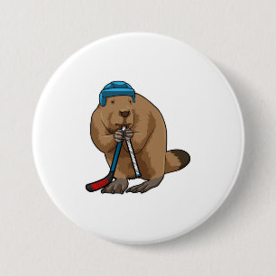 Beaver op ijshockey met ijshockeystick ronde button 7,6 cm