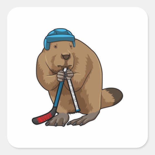 Beaver op ijshockey met ijshockeystick vierkante sticker (Voorkant)