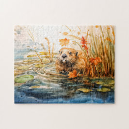 Beaver sitting by pond among reeds legpuzzel