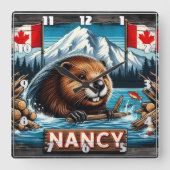 Beaver With Stick beroemd gemaakt door Canadian Fl Vierkante Klok (Voorkant)