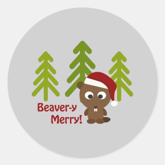 Beaver-y Merry! Cute Kerstbever Ronde Sticker (Voorkant)