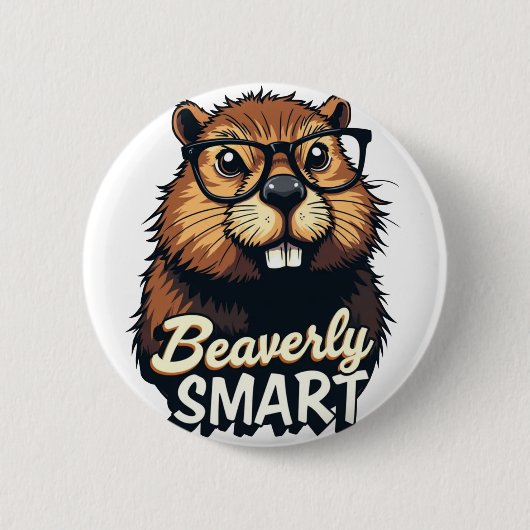 Beaverly Smart - Grappige Bever met een Grafische Ronde Button 5,7 Cm (Voorkant)