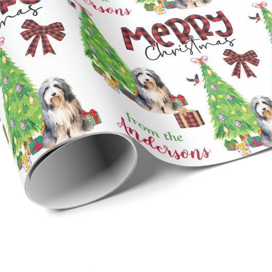Bebaarde Collie Hond, Vogel, en Kerstboom Cadeaupapier (Rol Hoek)