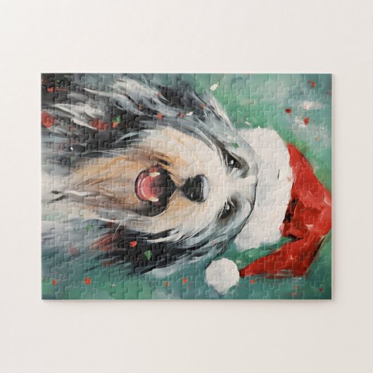 Bebaarde Collie Kerstborstel schilderen kunstwerk Legpuzzel (Horizontaal)