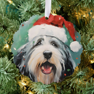 Bebaarde Collie Kerstborstel schilderen kunstwerk Ornament Kaart