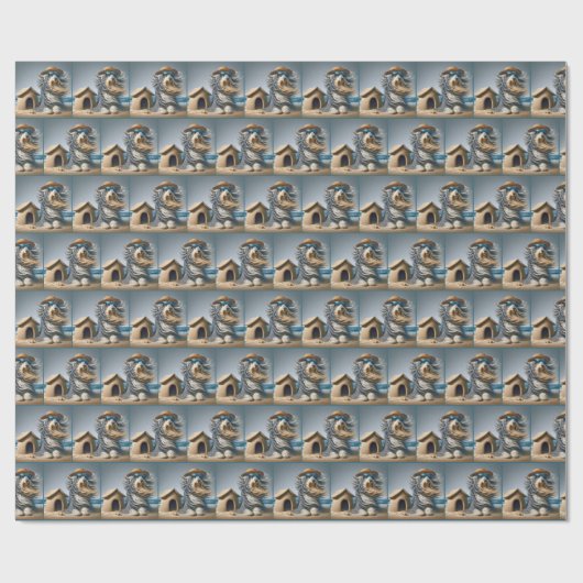 Bebaarde Collie met Doghouse Sandcastle Cadeaupapier (Vlak)