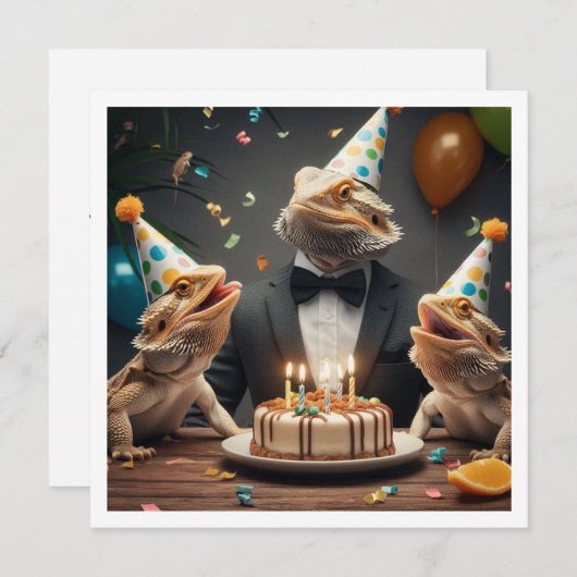 Bebaarde draak partij dieren, hagedis verjaardag kaart (Voorkant / Achterkant)