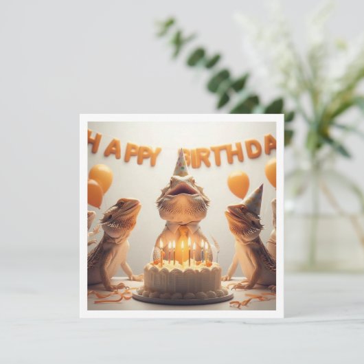 Bebaarde draken partij dieren, kameleon verjaardag kaart (Staand voorkant)