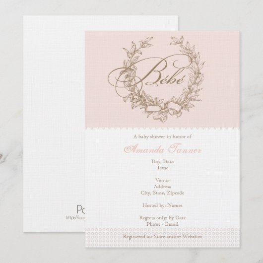 Bebe - Roze uitnodiging van het Franse Baby shower (Voorkant / Achterkant)