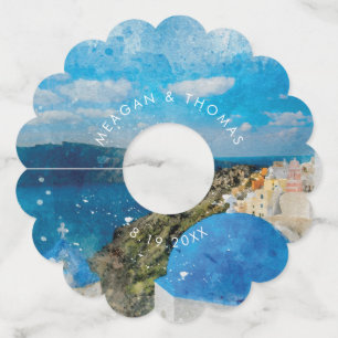 Bebestemming van Santorini Griekenland in het buit Wijnglaslabel