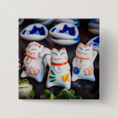 Beckoning cat figines vierkante button 5,1 cm (Voorkant)