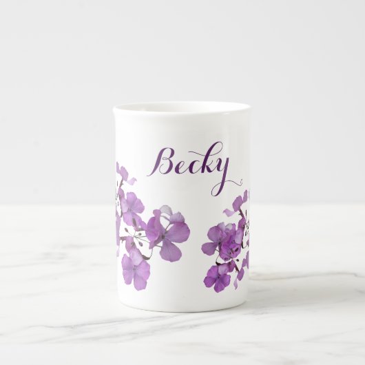  Becky naam monogram paarse bloemen Bo Porselein Kop (Voorkant)